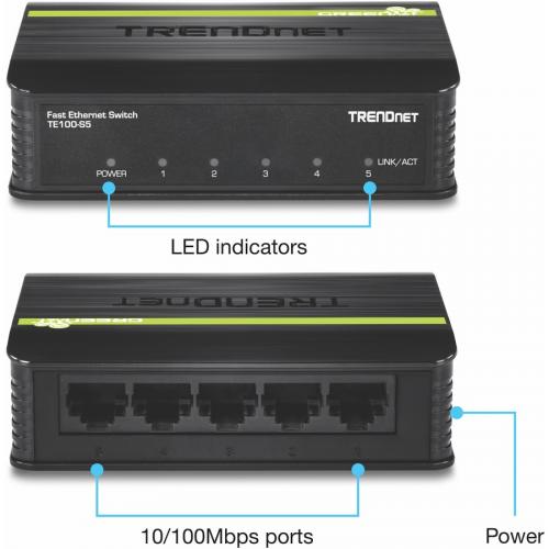 TRENDnet 5 Port Unmanaged 10/100 Mbps GREENnet Ethernet Desktop Plastic Housing Switch; 5 X 10/100 Mbps Ports; 1Gbps Switching Capacity; TE100 S5 Alternate-Image2/500