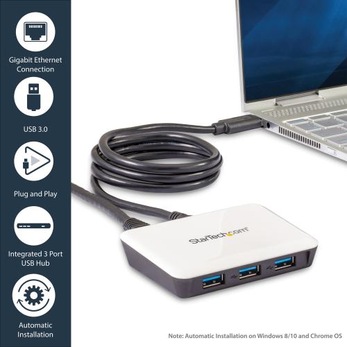 StarTech.com USB 3.0 To Gigabit Ethernet NIC Network Adapter With 3 Port Hub   White Alternate-Image2/500
