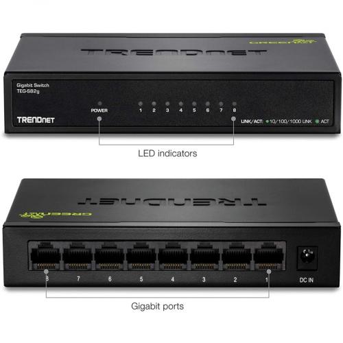 TRENDnet 8 Port Gigabit GREENnet Switch, Ethernet Network Switch, TEG S82G, 8 X 10 100 1000 Mbps Gigabit Ethernet Ports, Ethernet Splitter, 16 Gbps, Metal, Lifetime Protection, Black Alternate-Image2/500