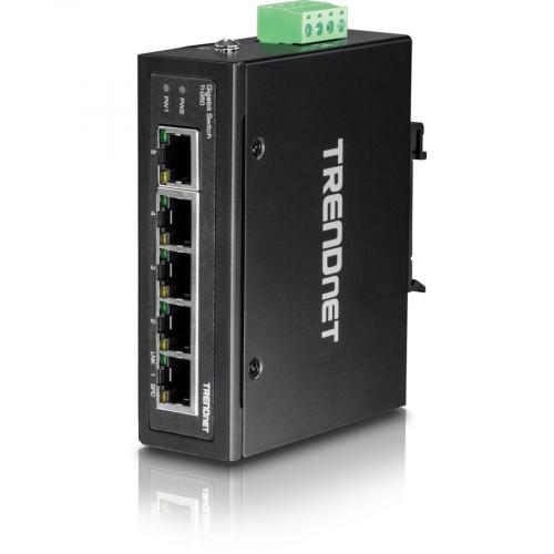 TRENDnet 5 Port Hardened Industrial Gigabit DIN Rail Switch, 10 Gbps Switching Capacity, IP30 Rated Network Switch ( 40 To 167 ?F), DIN Rail & Wall Mounts Included, Lifetime Protection, Black, TI G50 Alternate-Image2/500