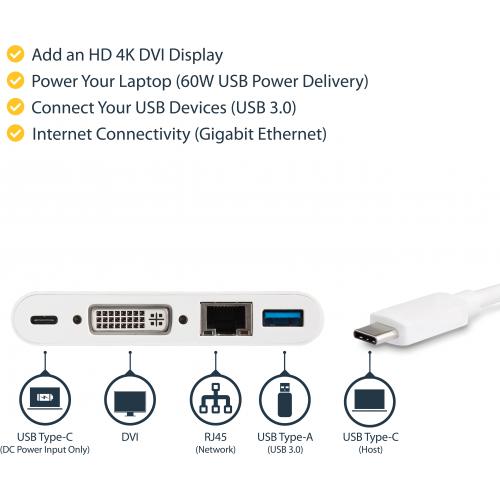 StarTech.com USB C Multiport Adapter To DVI D (Digital) Video   60W PD Passthrough/GbE/USB A   Portable USB Type C/Thunderbolt 3 Mini Dock Alternate-Image2/500