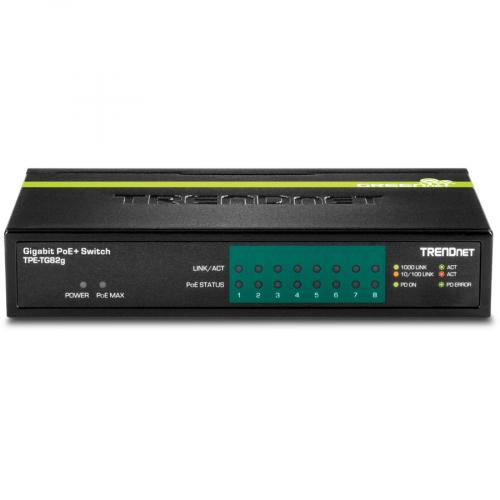 TRENDnet 8 Port GREENnet Gigabit PoE+ Switch, Supports PoE And PoE+ Devices, 61W PoE Budget, 16Gbps Switching Capacity, Data & Power Via Ethernet To PoE Access Points & IP Cameras, Black, TPE TG82G Alternate-Image2/500