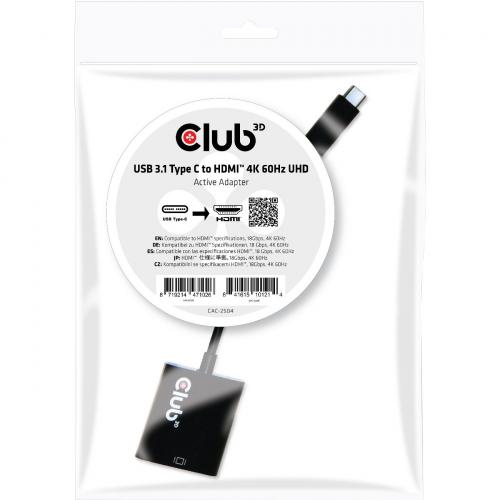 Club 3D USB 3.1 Type C To HDMI 2.0 UHD 4K 60HZ Active Adapter Alternate-Image2/500