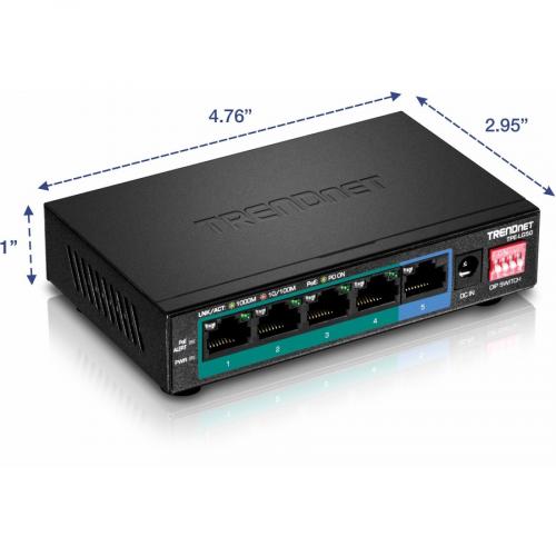 TRENDnet 5 Port Gigabit Long Range PoE+ Switch, 4 X Gigabit PoE+ Ports, 1 X Gigabit Port, 32W PoE Budget, 10Gbps Switching Capacity, Extends PoE+ 200m (656 Ft), Lifetime Protection, Black, TPE LG50 Alternate-Image2/500