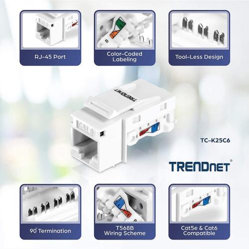 TRENDnet Cat6 Keystone Jack, 25 Pack Bundle, 90&deg; Angle Termination, Compatible With Cat5, Cat5e, Cat6 Cabling, Color Coded Labeling, Gold Plated Contacts, Tool Less Design, White, TC K25C6 Alternate-Image2/500