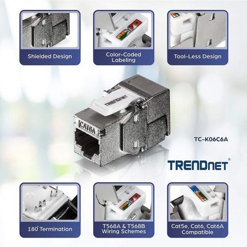 TRENDnet Shielded Cat6A Keystone Jack, 6 Pack Bundle, TC K06C6A, 180&deg; Angle Termination, Compatible With Cat5/Cat5e/Cat6 Cabling, Use W/ TC KP24S Shielded Blank Keystone Patch Panel (sold Separately) Alternate-Image2/500