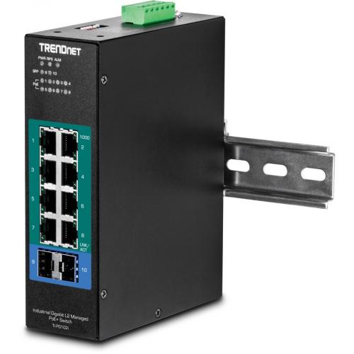 TRENDnet 10 Port Industrial Gigabit L2 Managed PoE+ DIN Rail Switch, 8 X Gigabit PoE+ Ports, DIN Rail Mount, 2 X SFP Slots, 24?57V DC Power Input, IP30, VLAN, Lifetime Protection, Black, TI PG102i Alternate-Image2/500