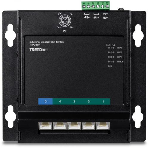TRENDnet 5 Port Industrial Gigabit Poe+ Wall Mounted Front Access Switch; 5X Gigabit Poe+ Ports; DIN Rail Mount; 48 ?57V DC Power Input; IP30; 120W Poe Budget;Lifetime Protection; TI PG50F Alternate-Image2/500