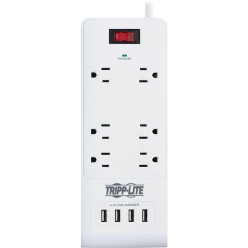 Tripp Lite By Eaton 6 Outlet Surge Protector With 4 USB Ports (4.2A Shared)   15 Ft. (4.57 M) Cord, 5 15P Plug, 900 Joules, White Alternate-Image2/500