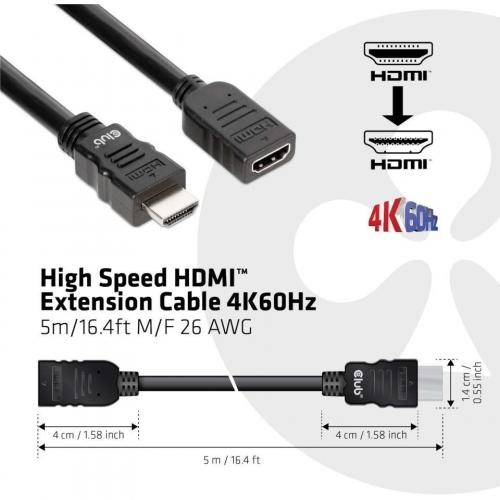 Club 3D High Speed HDMI Extension Cable 4K60Hz M/F 5m/16.4ft 26 AWG Alternate-Image2/500