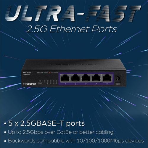 TRENDnet 5 Port Unmanaged 2.5G Switch, 5 X 2.5GBASE T Ports, TEG S350, 25Gbps Switching Capacity, Fanless, Wall Mountable, Black Alternate-Image2/500