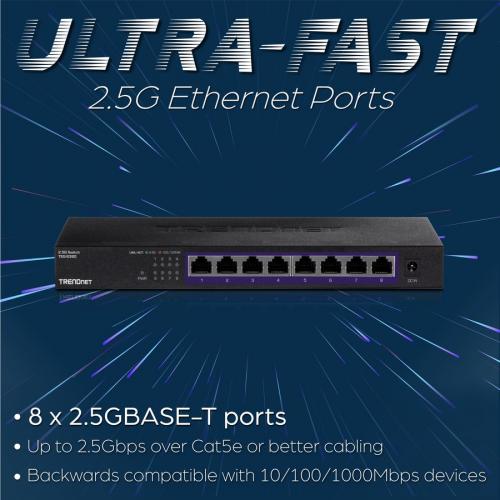 TRENDnet 8 Port Unmanaged 2.5G Switch, 8 X 2.5GBASE T Ports, 40Gbps Switching Capacity, Backwards Compatible With 1000Mbps Devices, Fanless, Wall Mountable, Black, TEG S380 Alternate-Image2/500
