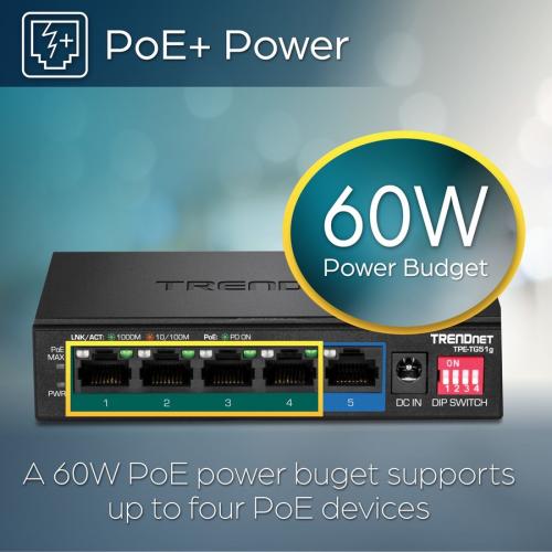 TRENDnet 5 Port Gigabit PoE+ Switch, Camera DIP Switch Extends PoE+ 200m (656 Ft.), 60W PoE Budget, Black, TPE TG51g Alternate-Image2/500