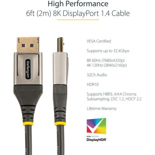 StarTech.com 6ft (2m) VESA Certified DisplayPort 1.4 Cable, 8K 60Hz HDR10, UHD 4K 120Hz Video, DP To DP Monitor Cord, DP 1.4 Cable, M/M Alternate-Image2/500