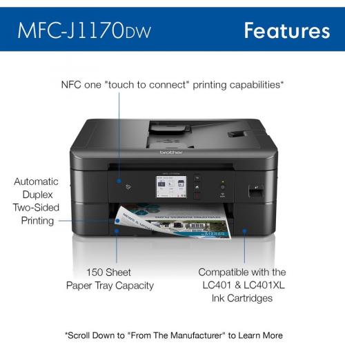 Brother MFC MFC J1170DW Inkjet Multifunction Printer Color Copier/Fax/Scanner 17 Ppm Mono/16.5 Ppm Color Print 6000x1200 Dpi Print Automatic Duplex Print 150 Sheets Input Color Flatbed Scanner 1200 Dpi Optical Scan Color Fax Wireless LAN Alternate-Image2/500