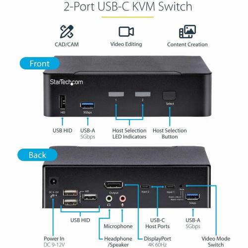 StarTech.com USB C KVM Switch, 2 Port DisplayPort KVM W/ 4K 60Hz UHD HDR Video, 3.5mm Audio, USB Type C KVM Switch, 6x USB Hub Ports, Thunderbolt 3/4 Compatible   Hot Key Switching Alternate-Image2/500