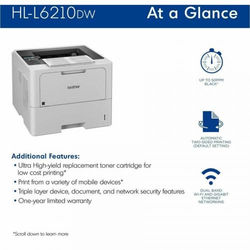 Brother HL L6210DW Business Monochrome Laser Printer With Large Paper Capacity, Wireless Networking, And Duplex Printing Alternate-Image2/500