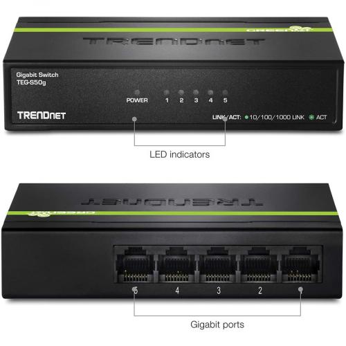 TRENDnet 5 Port Unmanaged Gigabit GREENnet Desktop Metal Switch, Ethernet Network Switch, 5 X Gigabit Ports, Fanless, 10 Gbps Switching Fabric, Lifetime Protection, Black, TEG S50g Alternate-Image3/500