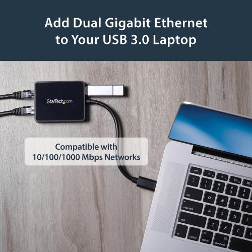 StarTech.com USB 3.0 To Dual Port Gigabit Ethernet Adapter NIC W/ USB Port Alternate-Image3/500