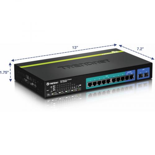 TRENDnet 10 Port Gigabit Web Smart PoE+ Switch, 8 X PoE+ Gigabit Ports, 2 X Gigabit Ethernet Ports, 2 X Shared SFP Slots, 75W Total Power Budget, Rack Mountable, Lifetime Protection, Black, TPE 1020WS Alternate-Image3/500