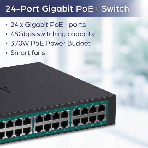 TRENDnet 24 Port Gigabit PoE+ Switch, 24 X Gigabit PoE+ Ports, 370W Power Budget, 48Gbps Switch Capacity, RackMount Kit Included, Ethernet Network Switch, Metal, Lifetime Protection, Black, TPE TG240G Alternate-Image3/500
