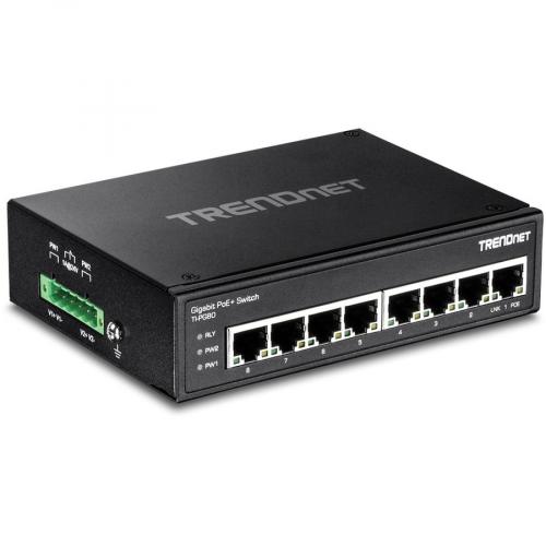 TRENDnet 8 Port Hardened Industrial Unmanaged Gigabit PoE+ DIN Rail Switch, 200W Full PoE+ Power Budget, 16 Gbps Switching Capacity, IP30 Rated Network Switch, Lifetime Protection, Black, TI PG80 Alternate-Image3/500