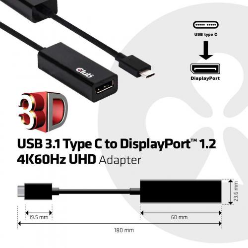 Club 3D USB 3.1 Type C To DisplayPort 1.2 4K60Hz UHD Adapter Alternate-Image3/500