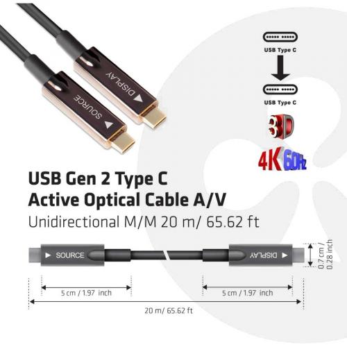 Club 3D USB Gen 2 Type C Active Optical Cable A/V Unidirectional M/M 20 M/ 65.62 Ft Alternate-Image3/500