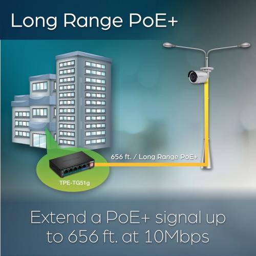 TRENDnet 5 Port Gigabit PoE+ Switch, Camera DIP Switch Extends PoE+ 200m (656 Ft.), 60W PoE Budget, Black, TPE TG51g Alternate-Image3/500