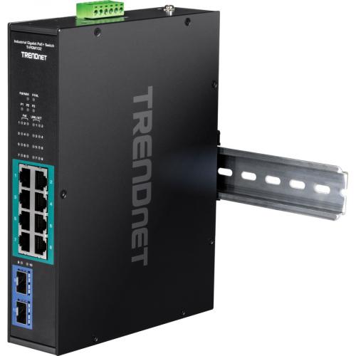 TRENDnet 10 Port Industrial Gigabit PoE+ Switch, WideTemperature Range  20&deg;   65&deg;C ( 4&deg;   149&deg;F), DIN Rail Switch, 50 55V DC, 8 X Gigabit PoE+ Ports, 2 X Gigabit SFP Slots, TI PGM102, Black Alternate-Image3/500