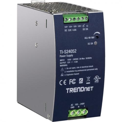 TRENDnet 240W, 52V DC, 4.61A AC To DC DIN Rail Power Supply, TI S24052, Industrial Power Supply With Built In Power Factor Controller Function, Silver Alternate-Image3/500