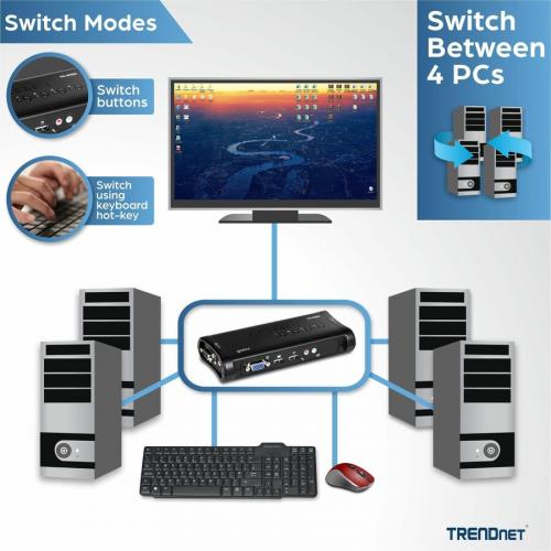 TRENDnet 4 Port USB KVM Switch Kit, VGA And USB Connections, 2048 X 1536 Resolution, Cabling Included, Control Up To 4 Computers, Compliant With Window, Linux, And Mac OS, TK 407K Alternate-Image4/500