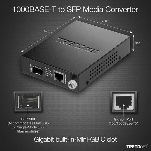 TRENDnet 100/1000Base T To SFP Fiber Media Converter, Fiber To Ethernet Converter, 1 X 10/100/1000Base T RJ 45 Port,1 X Mini GBIC Slot, Lifetime Protection, Black, TFC 1000MGA Alternate-Image4/500