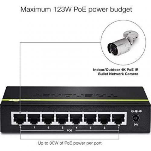 TRENDnet 8 Port Gigabit PoE+ Switch, 8 X Gigabit PoE+ Ports, 123W PoE Power Budget, 16 Gbps Switching Capacity, Desktop Switch, Ethernet Network Switch, Metal, Lifetime Protection, Black, TPE TG80G Alternate-Image4/500