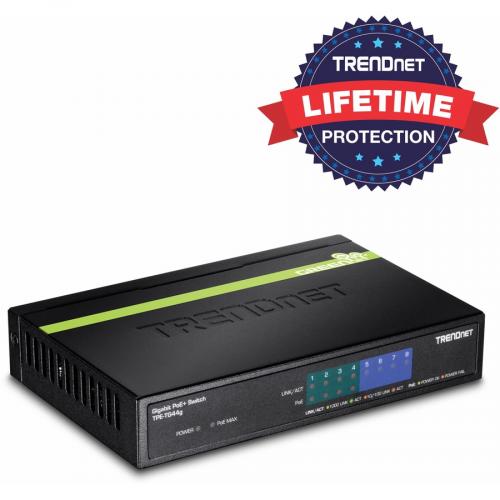 TRENDnet 8 Port Gigabit GREENnet PoE+ Switch, 4 X Gigabit PoE PoE+ Ports, 4 X Gigabit Ports, 61W Power Budget, 16 Gbps Switch Capacity, Ethernet Unmanaged Switch, Lifetime Protection, Black, TPE TG44G Alternate-Image4/500