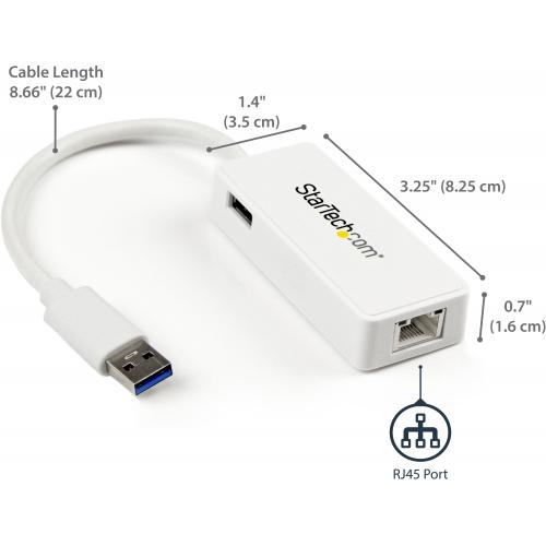 StarTech.com USB 3.0 To Gigabit Ethernet Adapter NIC W/ USB Port   White Alternate-Image4/500