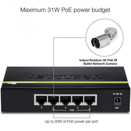 TRENDnet 5 Port Gigabit PoE+ Switch, 31 W PoE Budget, 10 Gbps Switching Capacity, Data & Power Through Ethernet To PoE Access Points And IP Cameras, Full & Half Duplex, Black, TPE TG50g Alternate-Image4/500