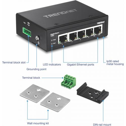 TRENDnet 5 Port Hardened Industrial Gigabit DIN Rail Switch, 10 Gbps Switching Capacity, IP30 Rated Network Switch ( 40 To 167 ?F), DIN Rail & Wall Mounts Included, Lifetime Protection, Black, TI G50 Alternate-Image4/500