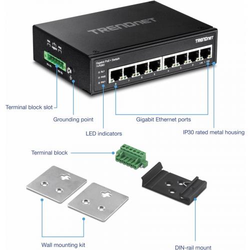 TRENDnet 8 Port Hardened Industrial Unmanaged Gigabit PoE+ DIN Rail Switch, 200W Full PoE+ Power Budget, 16 Gbps Switching Capacity, IP30 Rated Network Switch, Lifetime Protection, Black, TI PG80 Alternate-Image4/500