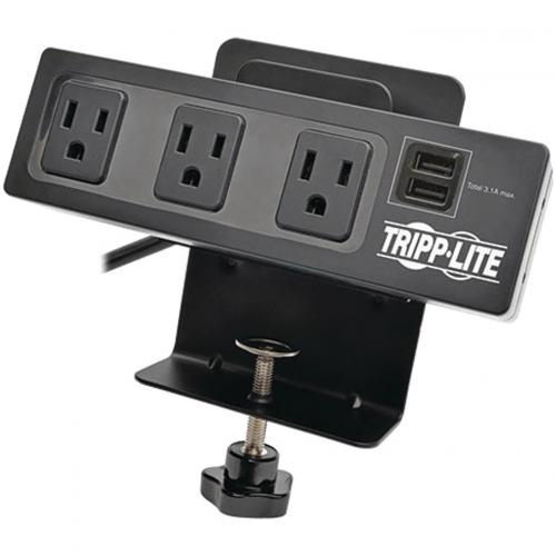 Tripp Lite By Eaton Protect It! 3 Outlet Surge Protector With Desk Clamp, 10 Ft. Cord, 510 Joules, 2 USB Charging Ports, Black Housing Alternate-Image4/500