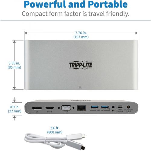 Tripp Lite By Eaton USB C Dock, Triple Display   4K HDMI/DisplayPort, VGA, USB 3.x (5Gbps), USB A/C Hub Ports, GbE, 100W PD Charging   Thunderbolt 3, Silver Alternate-Image4/500