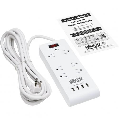 Tripp Lite By Eaton 6 Outlet Surge Protector With 4 USB Ports (4.2A Shared)   15 Ft. (4.57 M) Cord, 5 15P Plug, 900 Joules, White Alternate-Image4/500