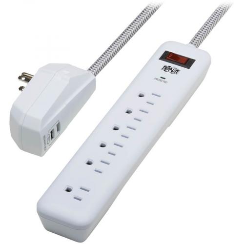 Tripp Lite By Eaton 7 Outlet Surge Protector   6 On Strip/1 In Detachable Plug, 2 USB Ports (2.4A Shared), Detachable Charger Plug, 6 Ft. Cord, 5 15P Plug, 900 Joules, White Alternate-Image4/500