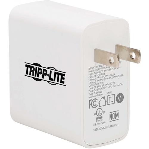 Tripp Lite By Eaton Dual Port Compact USB C Wall Charger   GaN Technology, 70W PD Charging (50W+20W Or 65W Max), White Alternate-Image4/500