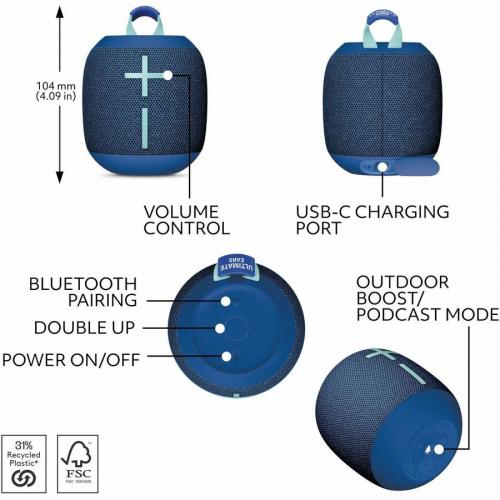 Ultimate Ears WONDERBOOM 4 Portable Waterproof Bluetooth Speaker With Big Bass And 360 Degree Sound, Dustproof Floating Speaker With 131ft (40m) Range, Blue Alternate Image4/500