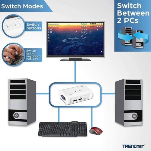 TRENDnet 2 Port USB KVM Switch And Cable Kit, 2048 X 1536 Resolution, Device Monitoring, Auto Scan, Audible Feedback, USB 1.1, Compliant With Windows And Linux, Hot Pluggable, White, TK 207K Alternate-Image4/500