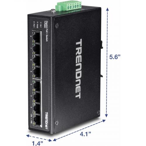 TRENDnet 8 Port Hardened Industrial Unmanaged Gigabit PoE+ DIN Rail Switch, 200W Full PoE+ Power Budget, 16 Gbps Switching Capacity, IP30 Rated Network Switch, Lifetime Protection, Black, TI PG80 Alternate-Image5/500