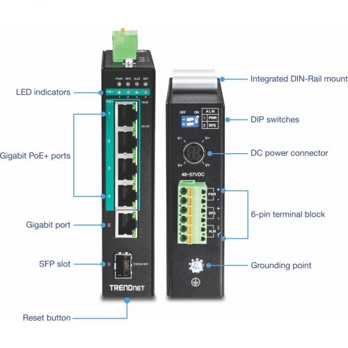 TRENDnet 6 Port Hardened Industrial Gigabit Poe+ Layer 2 Managed DIN Rail Switch, 4 X Gigabit PoE+ 802.3at Ports, 1 X Gigabit Port, 1 X Gigabit SFP Slot, 120W Power Budget, Black, TI PG541i Alternate-Image5/500