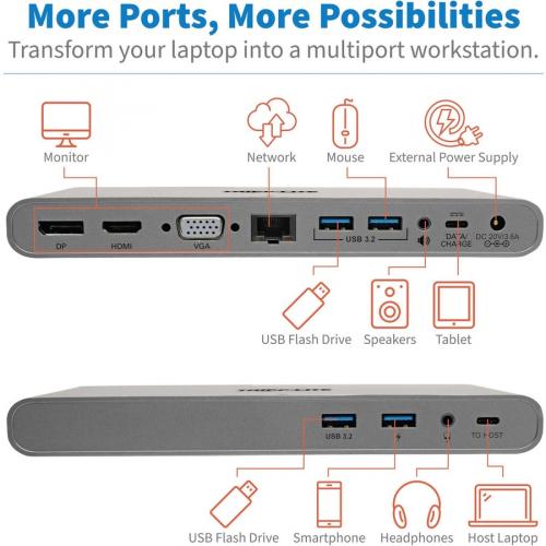 Tripp Lite By Eaton USB C Dock, Triple Display   4K HDMI/DisplayPort, VGA, USB 3.x (5Gbps), USB A/C Hub Ports, GbE, 100W PD Charging   Thunderbolt 3, Silver Alternate-Image5/500