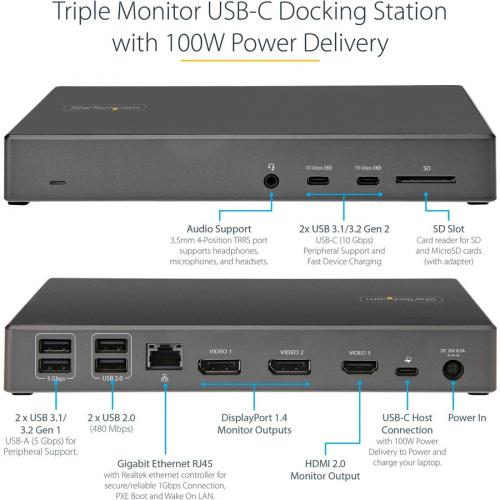 StarTech.com USB C Dock, Triple 4K Monitor USB C Docking Station With DP 1.4 & DSC, 2x DisplayPort & 1x HDMI, 100W PD, 6x USB (2x 10Gbps) Alternate-Image5/500